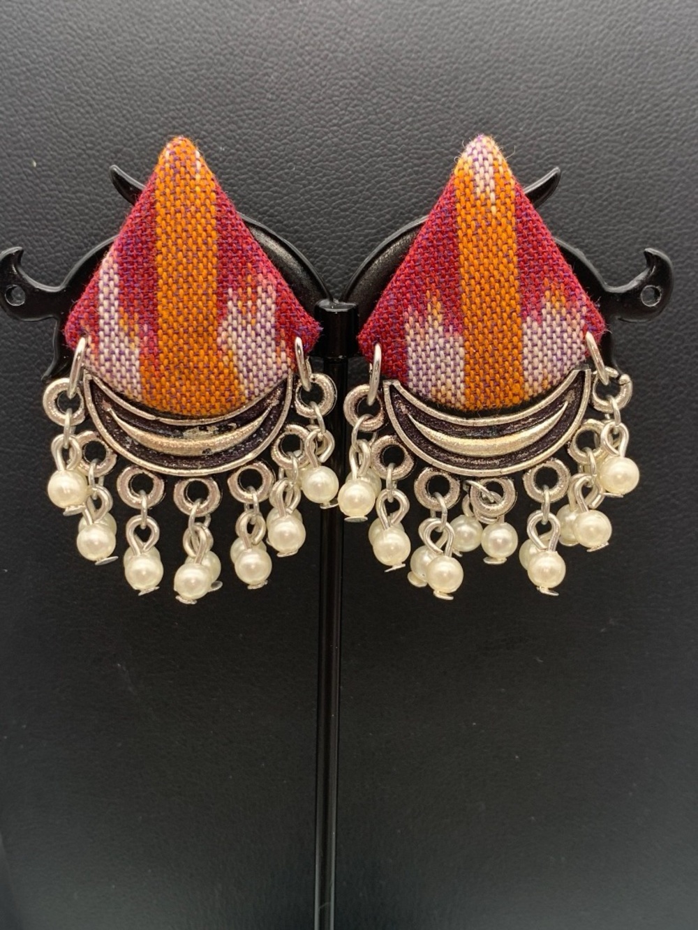 Boho Orange & Magenta Fabric Drop Earrings with Silver Fringe and faux Pearls
